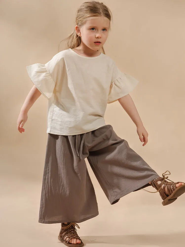 Retro high waist wide leg cropped gray cotton pants for girls
