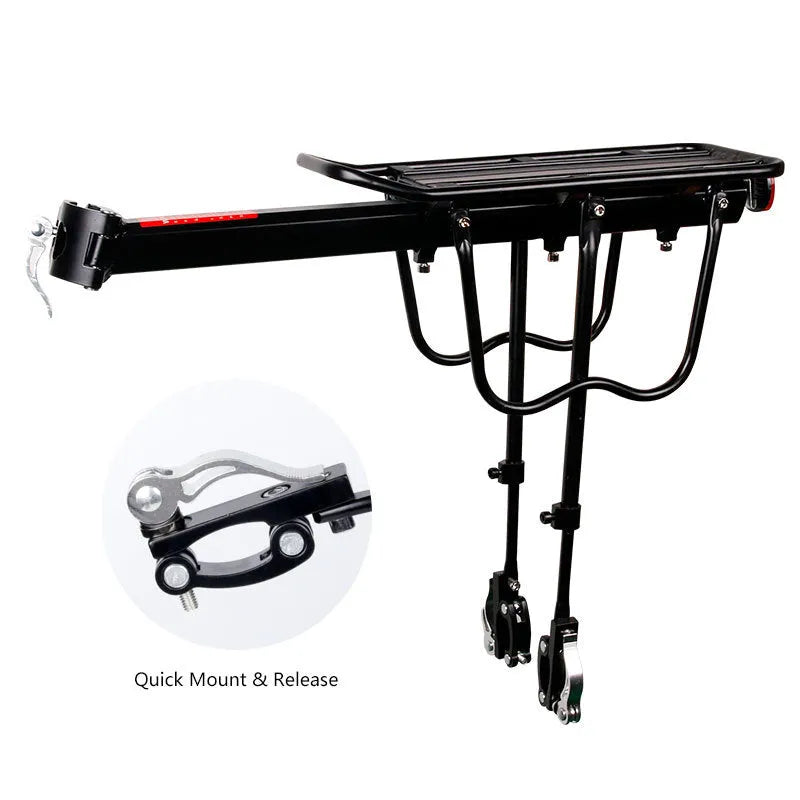 Black aluminium bicycle quick release shelf attached to seatpost with hex screws, adjustable for 20-29 inch bikes