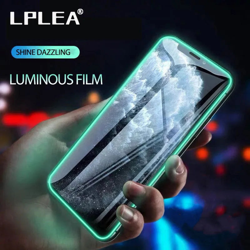 Luminous full cover tempered glass screen protector glowing in the dark for iPhone.
