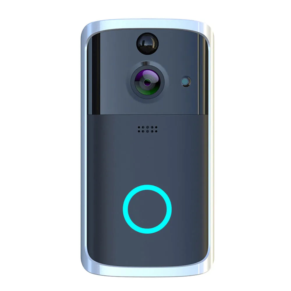 WiFi video doorbell camera in black, compact size, with night vision feature and two-way intercom