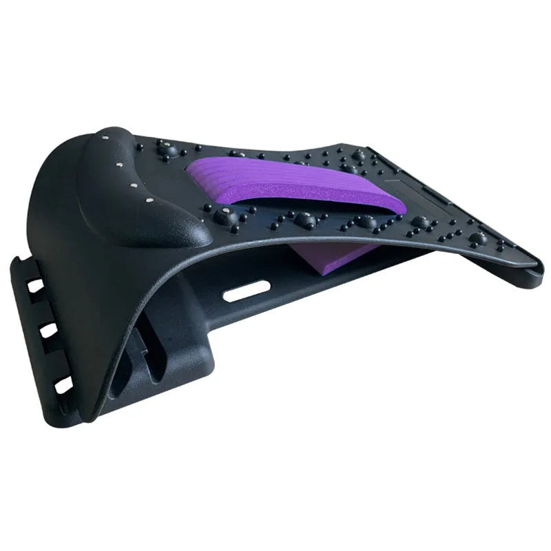 Adjustable back massager and lumbar stretcher in black and colour options, showing massage points.