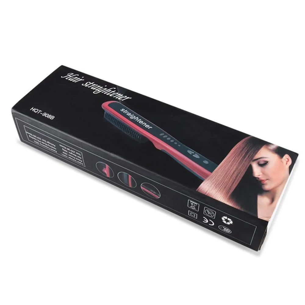 Straight hair comb with ceramic heated brush and ion technology in black and red