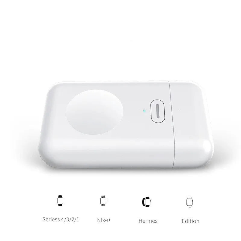White compact wireless charger power bank for Apple Watch with magnetic pad and Micro USB input