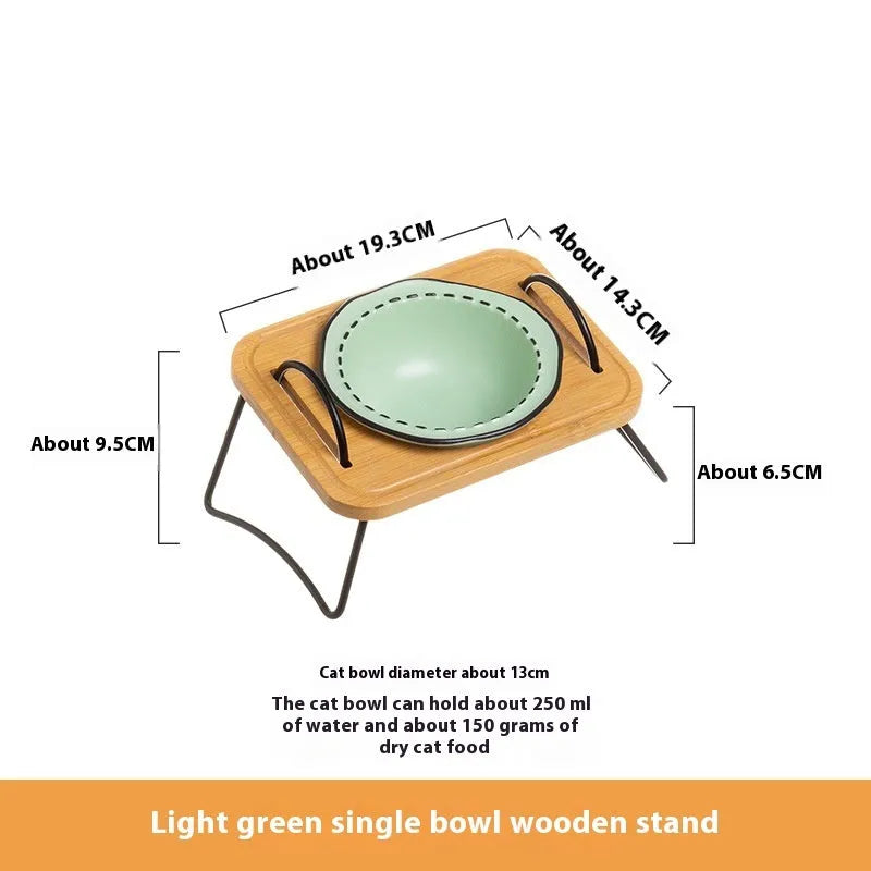 Pet wooden rack ceramic cat bowl anti-tumble oblique mouth feeding set in milk yellow