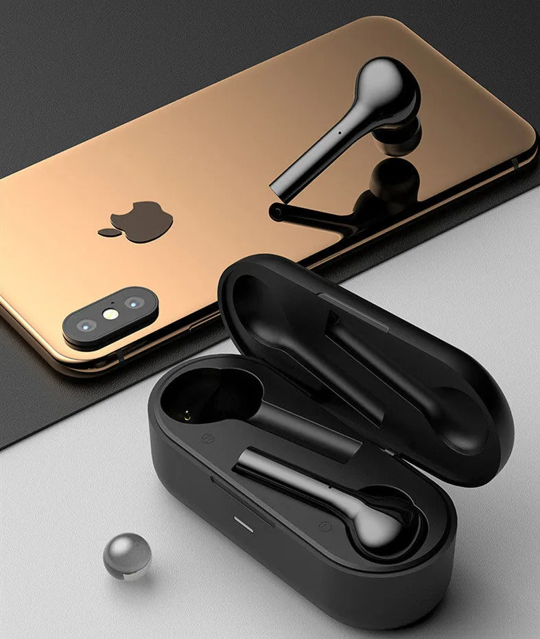 Black and white wireless touch-control earbuds with charging case