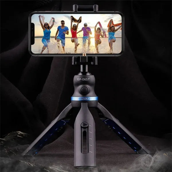 Black desktop mobile phone tripod for Apple iPhone and Huawei P30 models.