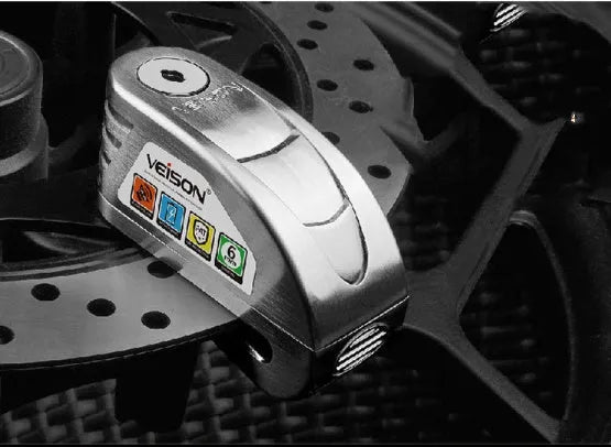 Alloy alarm disc brake lock with 6mm bolt, 55mm slot, Black or Silver, 130dB alarm, three keys
