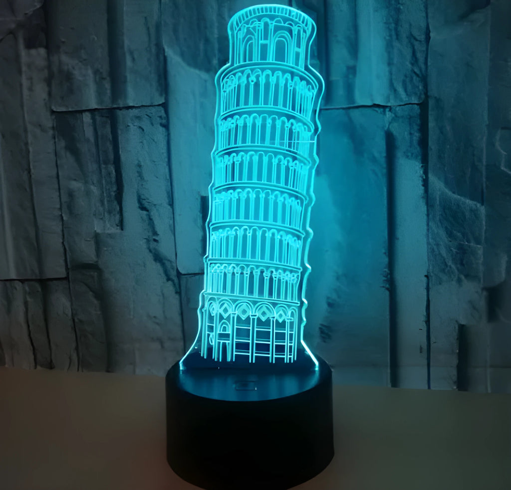 3D Leaning Tower of Pisa LED nightlight with colour-changing lights on a black square base.