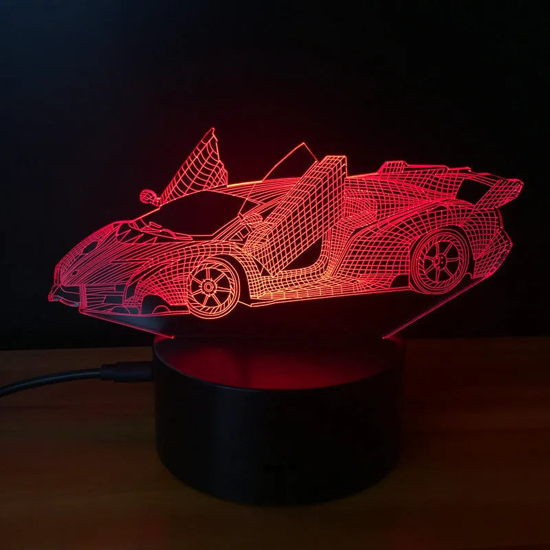 Lamborghini 3D LED night light with USB cable showing black finish from front angle