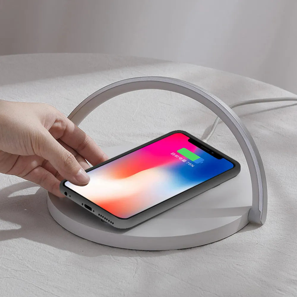 Fast Qi Wireless Charger Table Lamp with data cable, compact 191x13x203mm design, multiple colour options