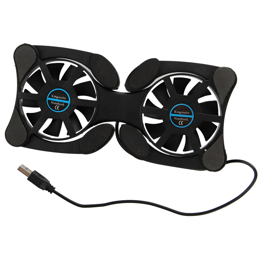Portable folding cooling base for laptop radiator, black, with two 70mm fans and USB cable, unfolded on surface