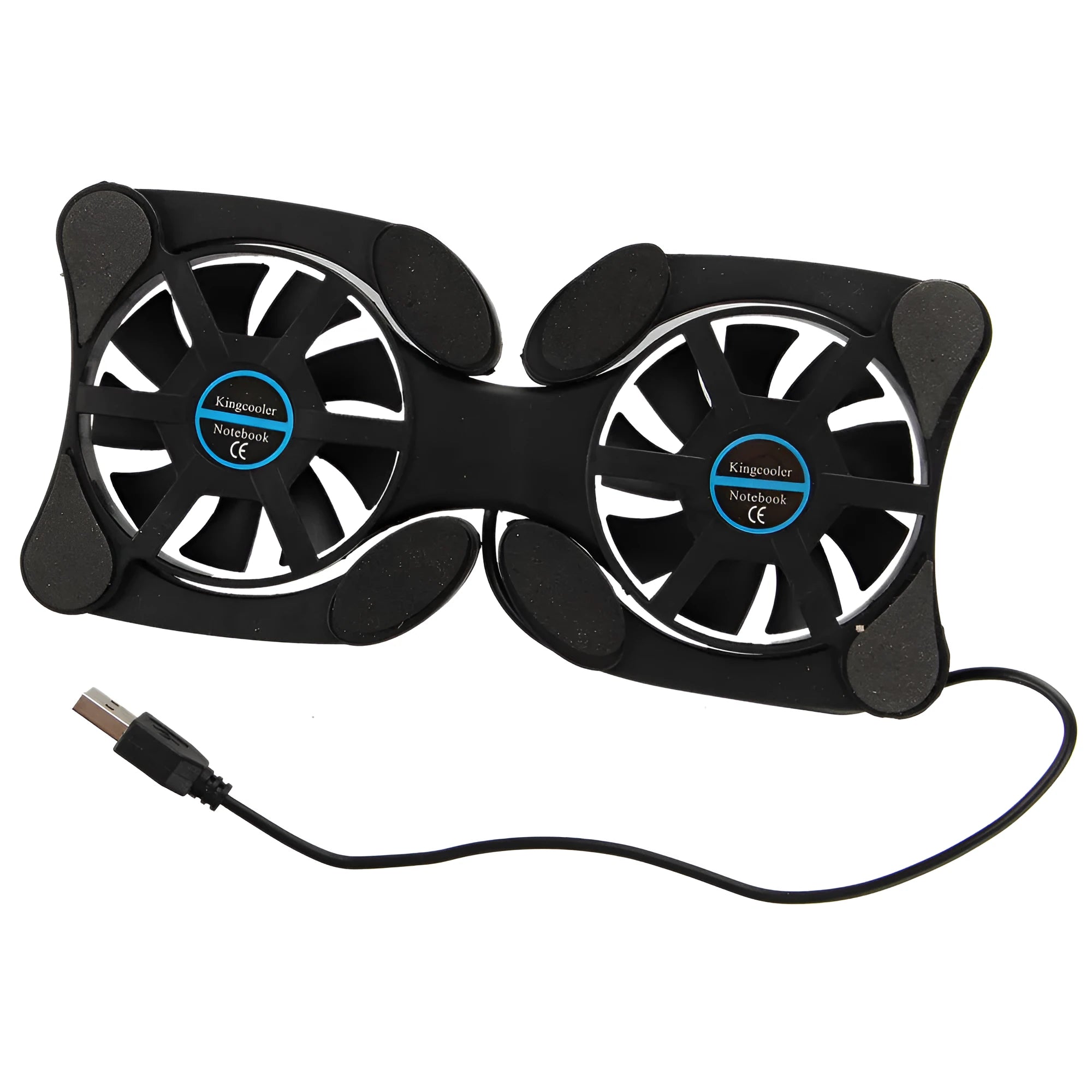 Portable folding cooling base for laptop radiator, black, with two 70mm fans and USB cable, unfolded on surface