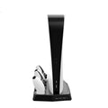 Black PS5 charging cooling fan base with two controller docks and USB ports