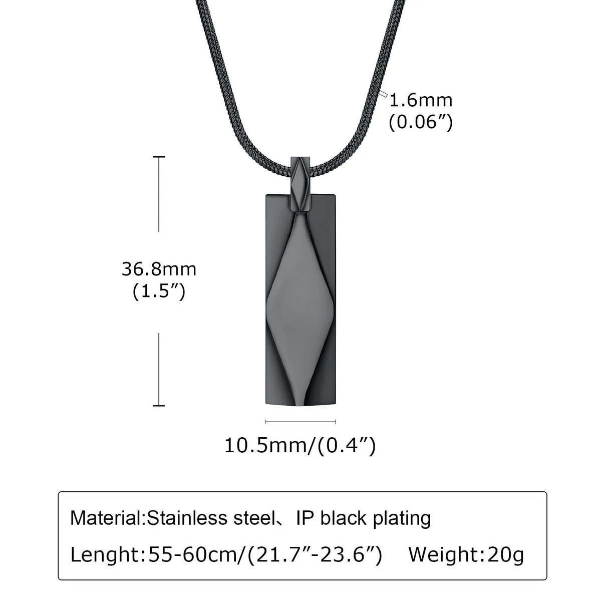 Stainless steel rectangular three-dimensional diamond geometric necklace in steel or black with chain