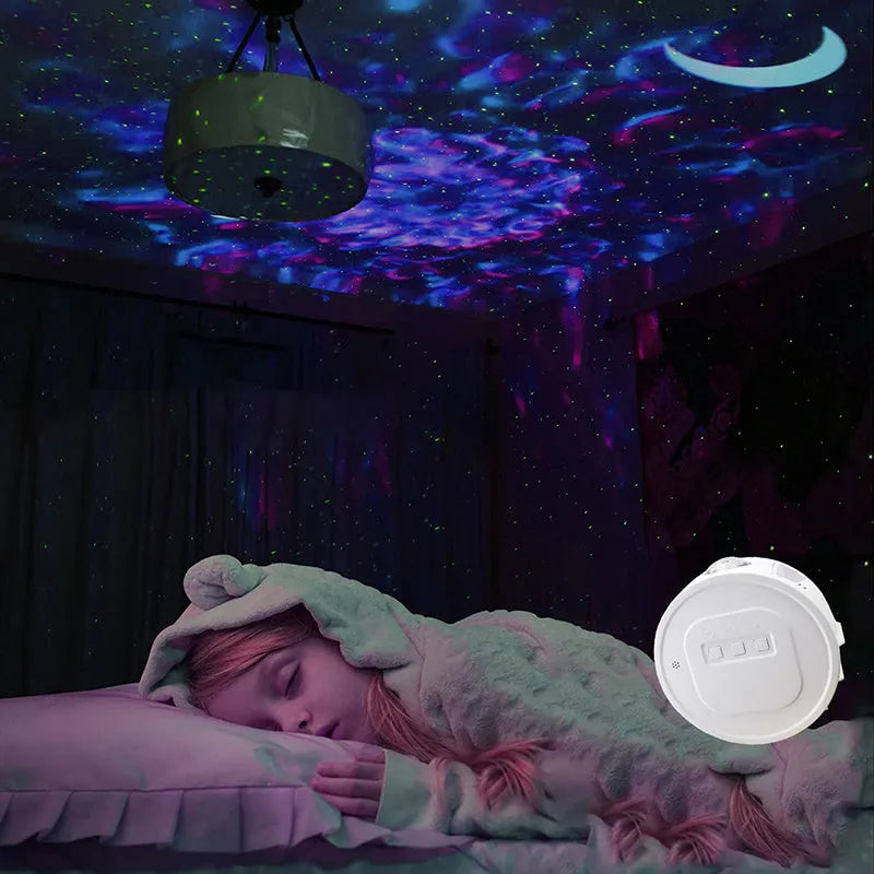 USB Ocean Star Projection Light with 360 degree rotation, starry sky pattern projected on ceiling, white lamp body on desk