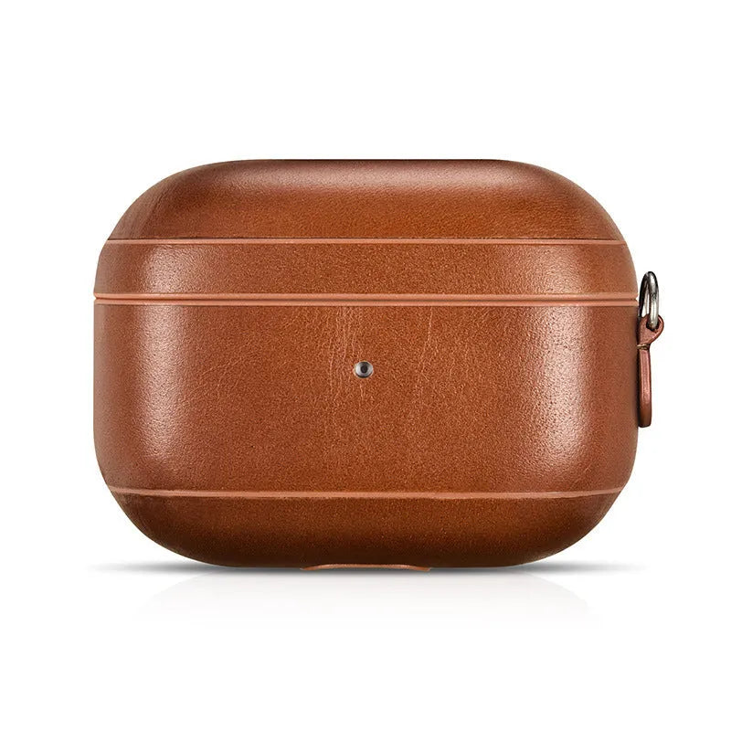 AirPods Pro protective sleeve flip case with ring buckle in brown plastic and leather