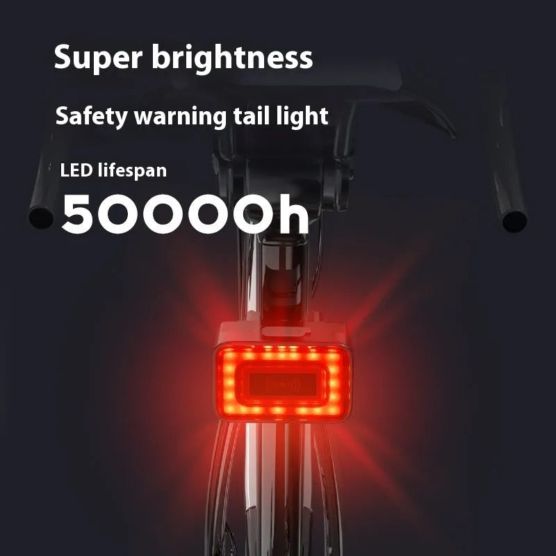 Smart radar bicycle taillight with double mounting bracket on a bike seat post, showing compact black design.