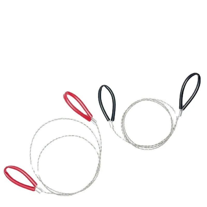 Outdoor survival hand wire saw with leather case, showing coiled stainless steel cutting line.