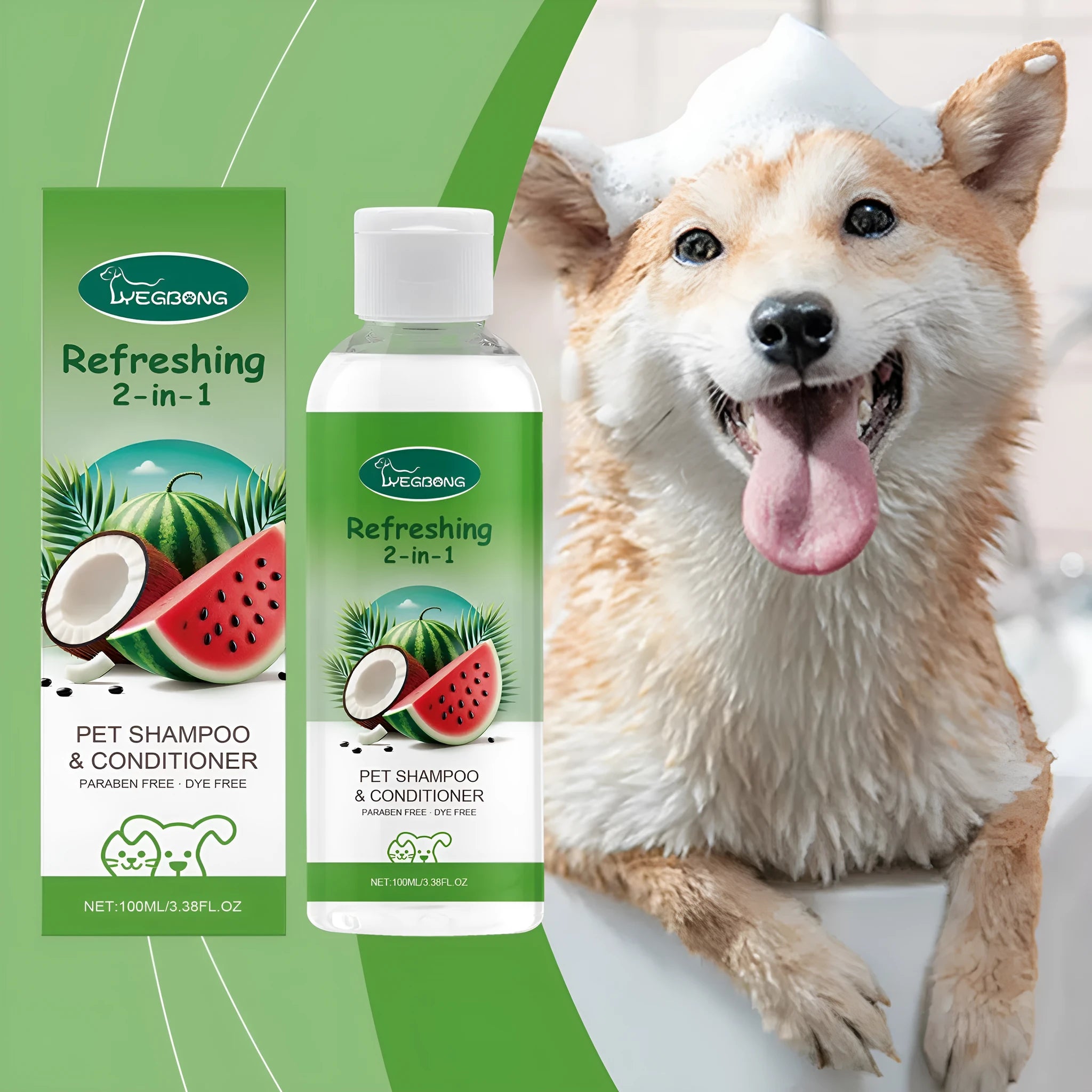 100ml bottle of pet 2-in-1 shampoo with watermelon and coconut extract label