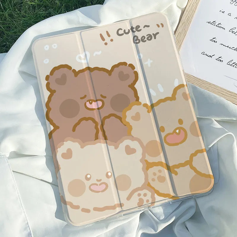 Silicone iPad case with a cartoon rabbit design lying flat, showing its tri-fold shape.