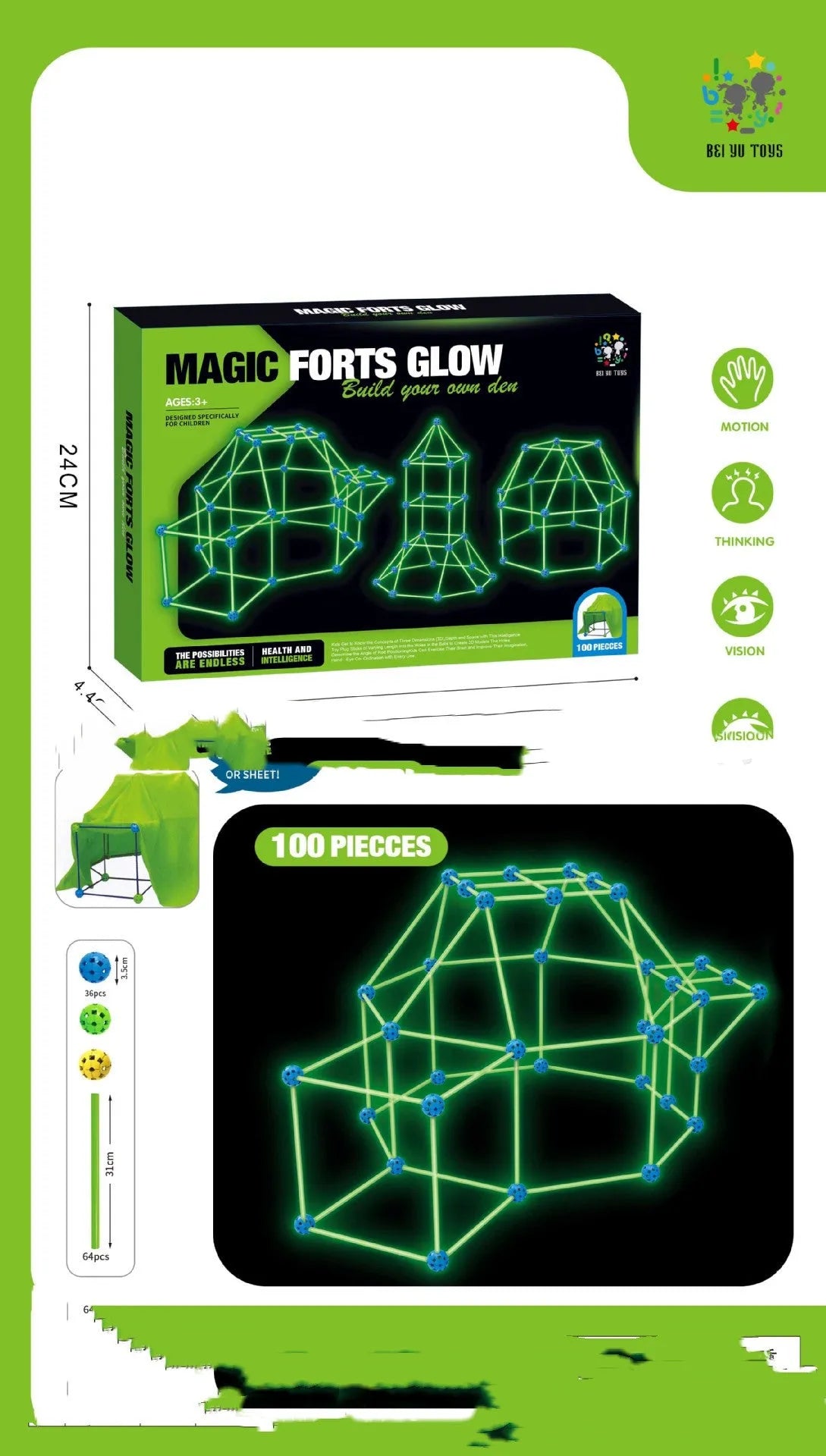 Children's plastic fort building kit with rods, balls, and storage bag for creating tents castles tunnels