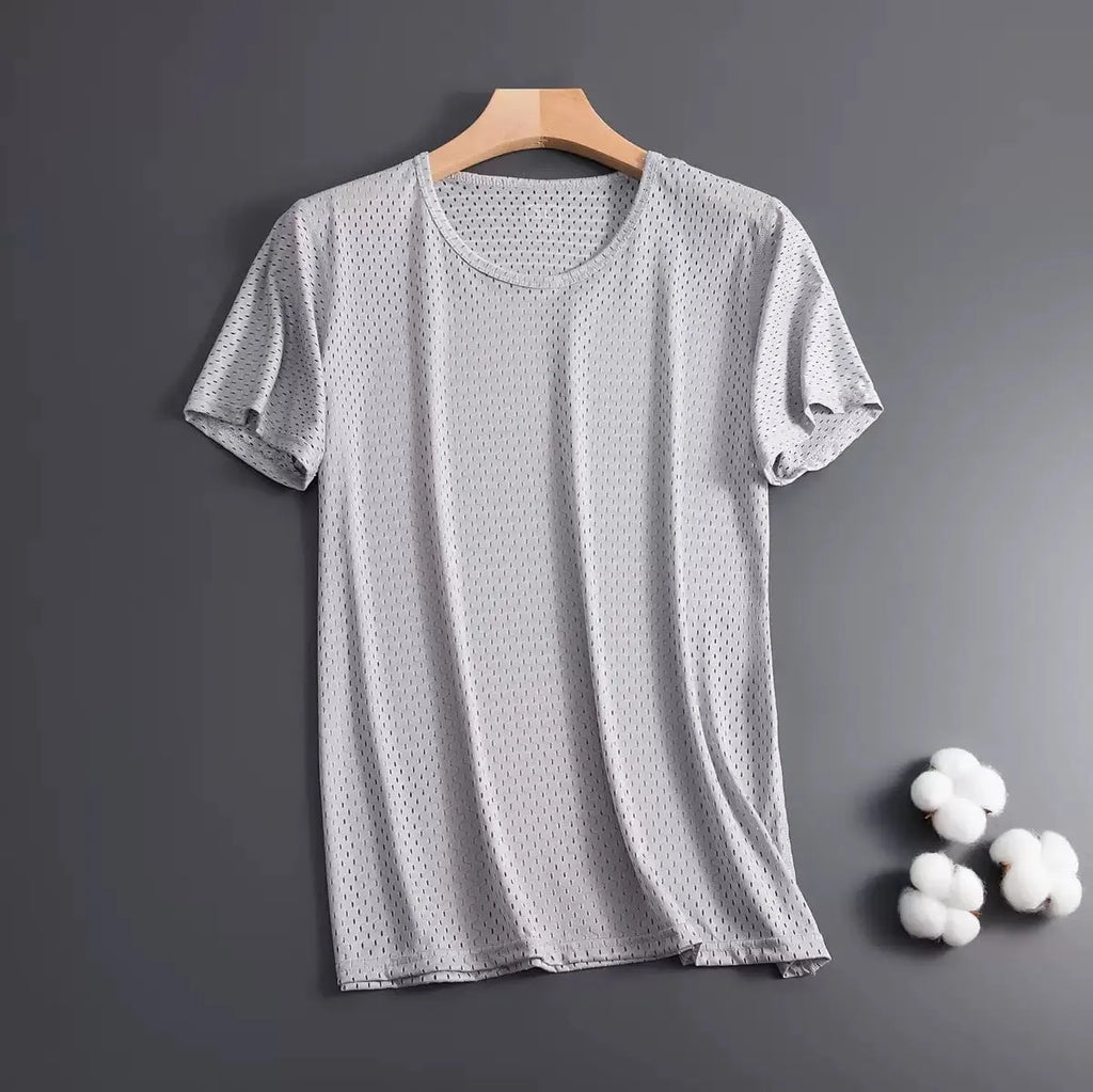 Men's loose fit ice silk short sleeve t-shirt in grey, showing crew neck and mesh fabric texture.