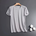 Men's loose fit ice silk short sleeve t-shirt in grey, showing crew neck and mesh fabric texture.
