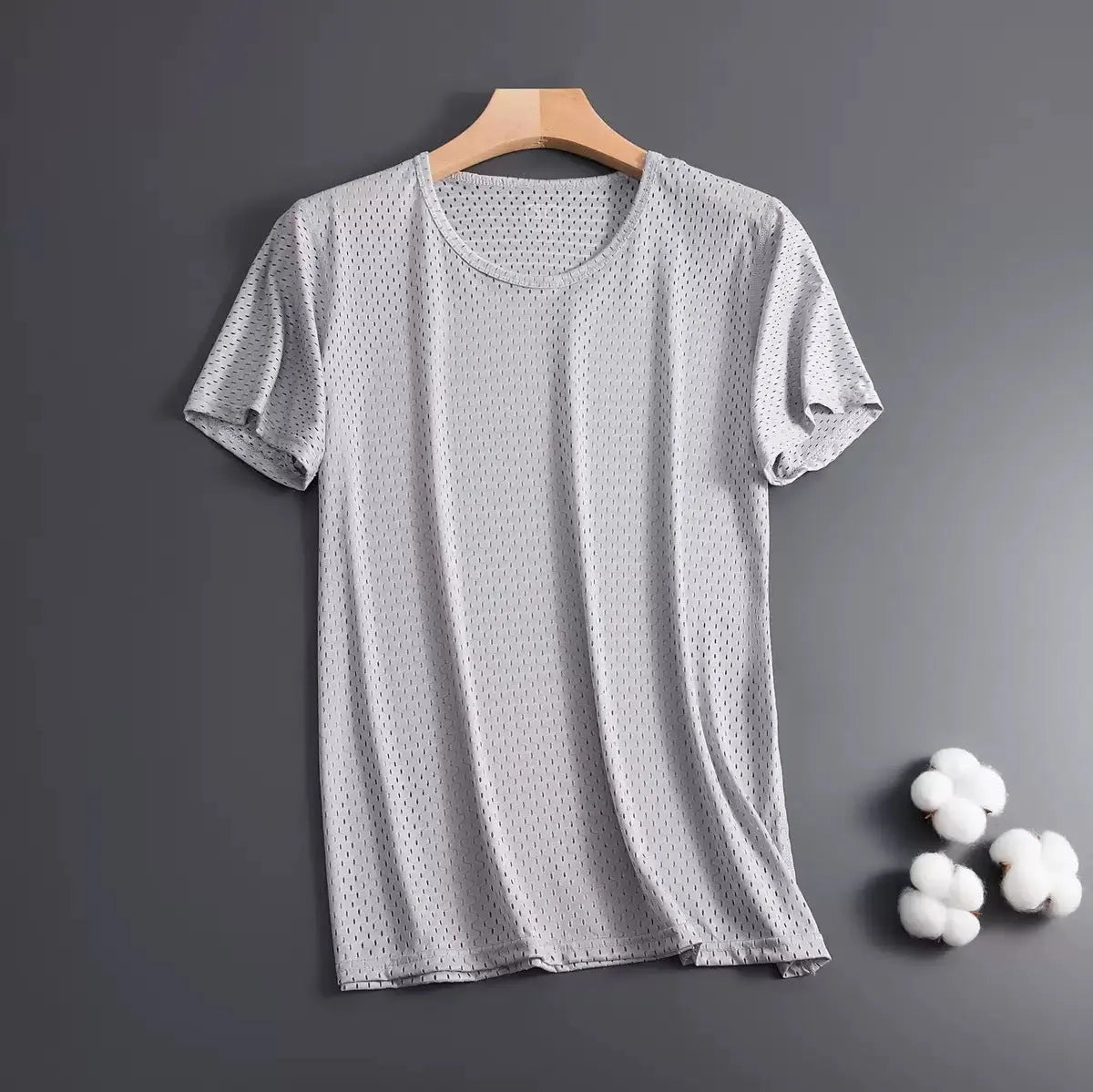 Men's loose fit ice silk short sleeve t-shirt in grey, showing crew neck and mesh fabric texture.