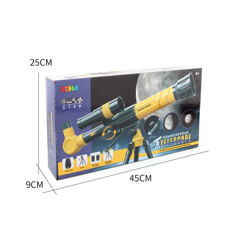 White kids astronomical telescope on tripod with smartphone attached for celestial observation