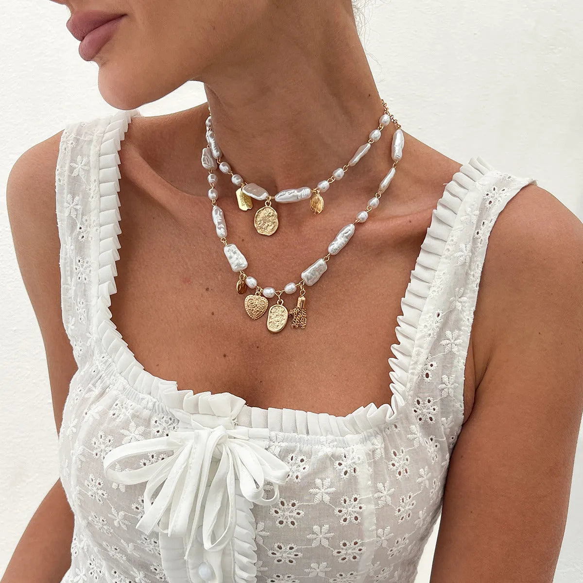 French pearl clavicle necklace with geometric shell pendant, Gold or White, 41-50cm chain