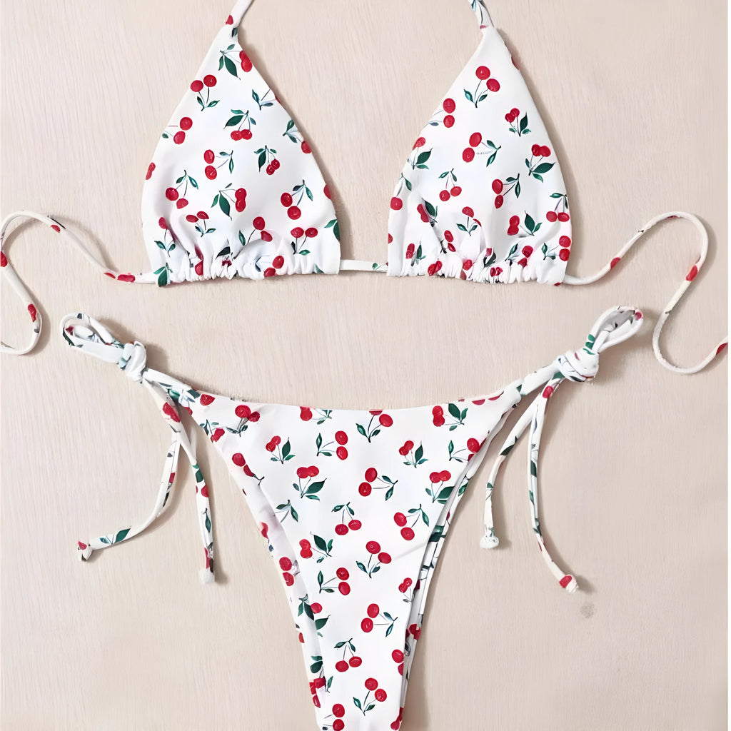 Solid colour split halter bikini top with matching backless briefs on a model