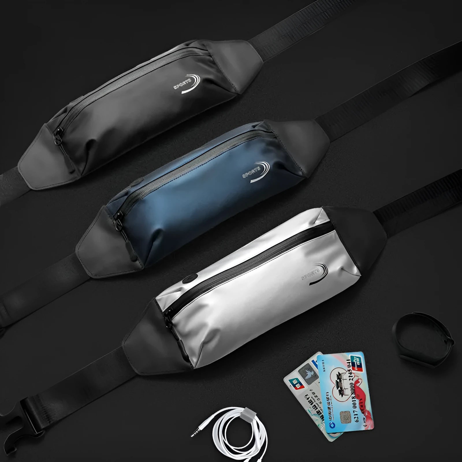 Men's black waterproof Derm Oxford polyester waist bag with belt strap, showing front compartment.