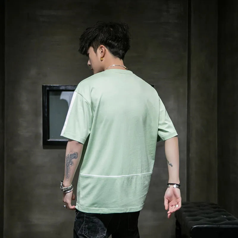 Men's cotton loose round neck T-shirt with letter print, half sleeve, black/white colour option