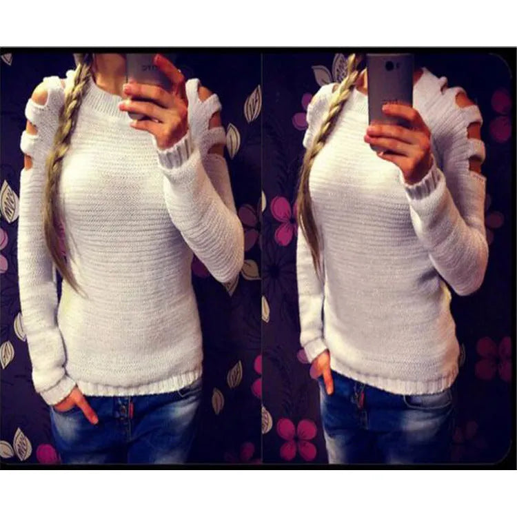 Women's grey knitted pullover shirt with hollow-out crochet pattern on the sleeves and body.