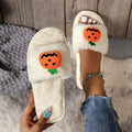 Halloween pumpkin cartoon design plush slippers with synthetic fur uppers