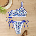 Blue one-shoulder floral bikini set with briefs bottoms