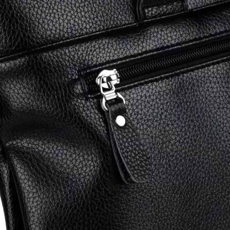 Black and brown PU leather men's messenger bag with splicing design, shown with crossbody strap.
