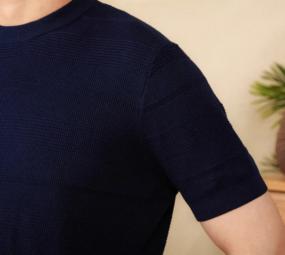 Men's beige cotton retro short sleeve T-shirt with round neck on hanger