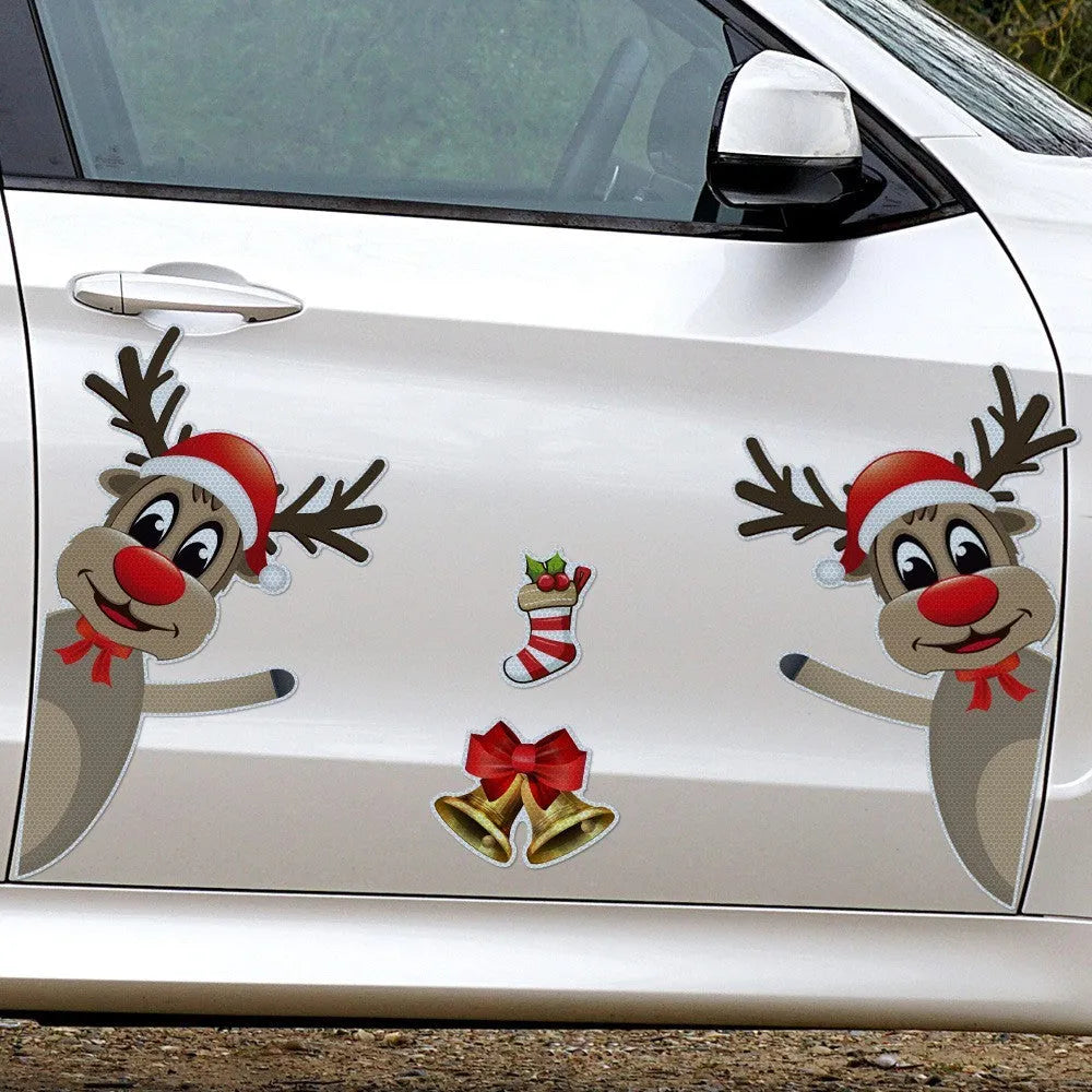 Cartoon-style Christmas elk bell magnetic bumper stickers with reflective luminous finish