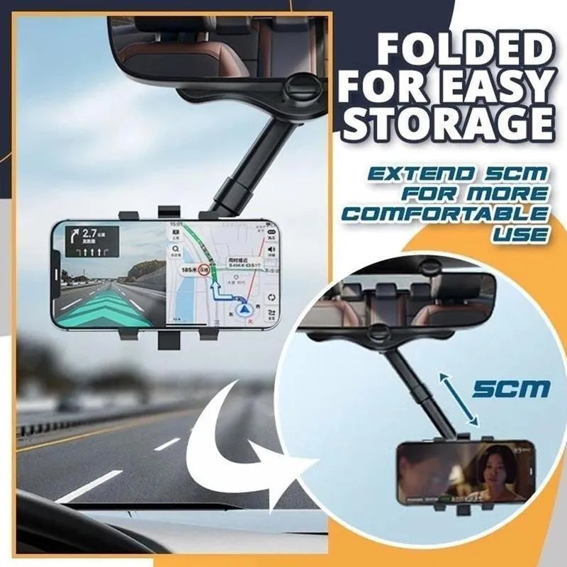 Black rearview mirror car phone holder with rotating head and telescopic arm extended