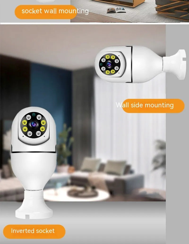 Wireless WiFi security bulb camera with metal base and plastic housing, shown next to its packaging.