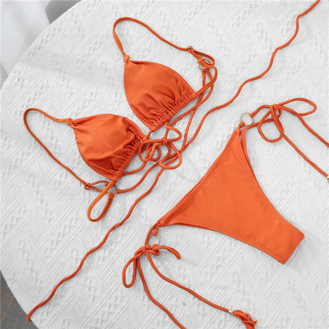 Ladies nylon shiny fabric strap bikini with chest pad, solid colour, brown or pearl powder, sizes S M L