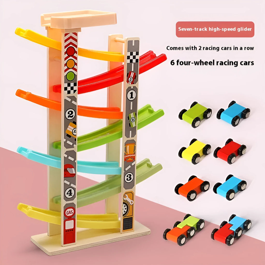 Children's wooden multi-layer inertial sliding car track toy in a colour slide variant for kids aged 4-6.