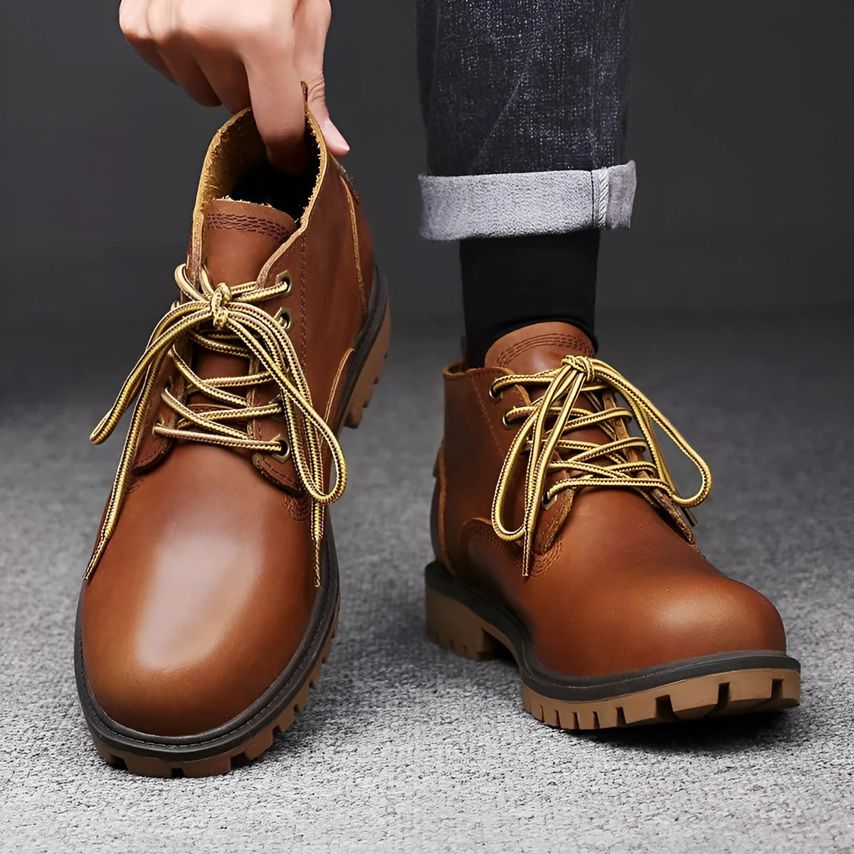 Men's brown leather Martin boots with mid heel platform sole, front lace-up, and round toe, sizes 36-47