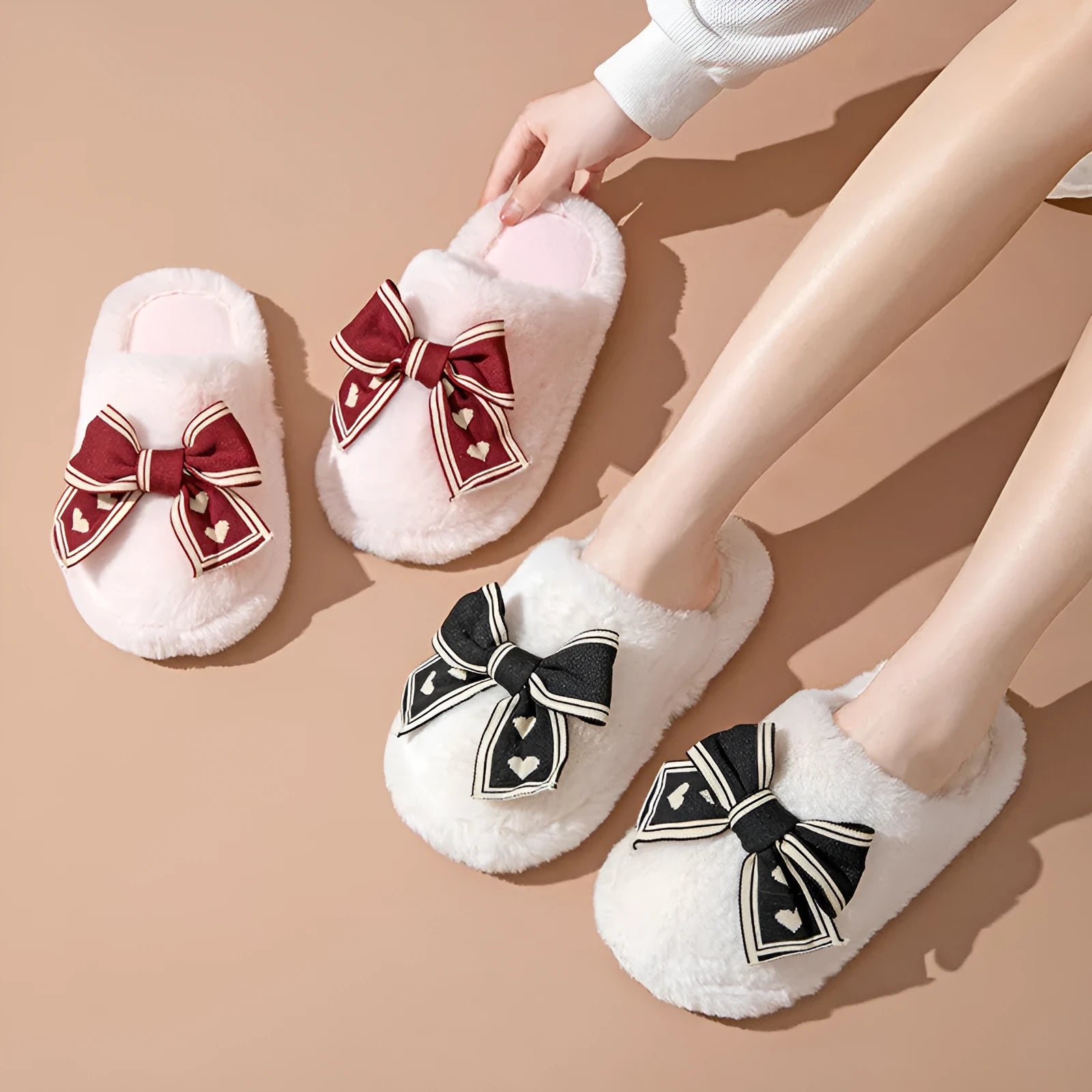 Bowknot cotton slippers home plush slippers for women adult warm indoor footwear black brown pink white width