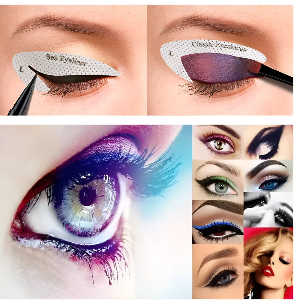 Four reusable eyeliner stencils on a pink background, showing winged and curved cut-out shapes for makeup application.