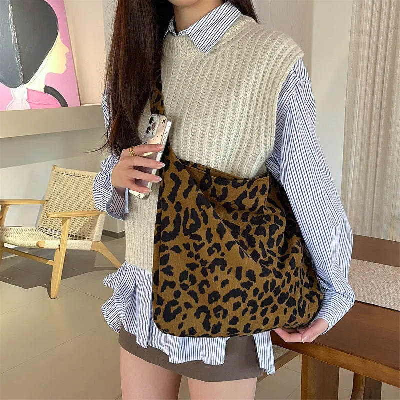 Retro corduroy leopard print shoulder bag with soft vertical square shape and open outer pocket