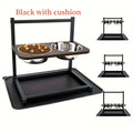 Black iron pet bowl rack with three adjustable slots for dog feeding dishes