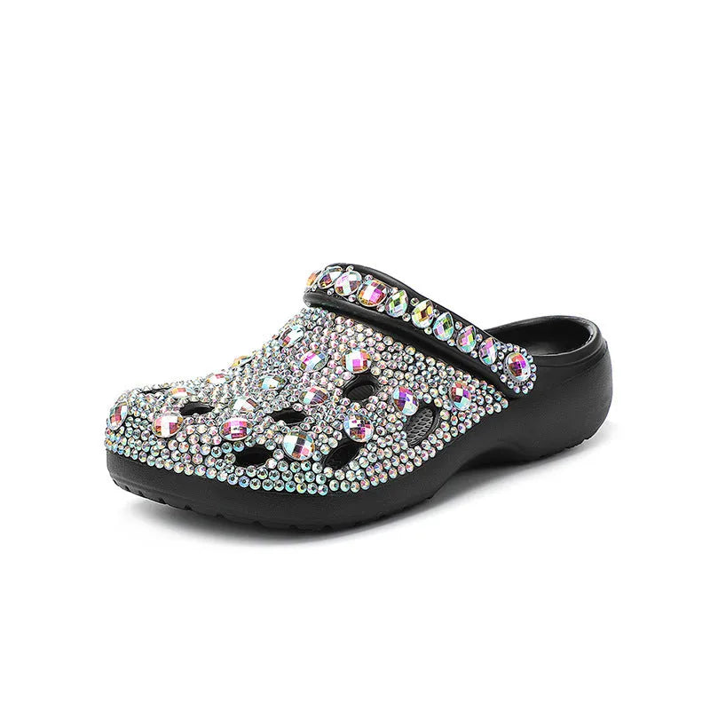Black platform sandals with rhinestone decoration and hole design across EVA upper