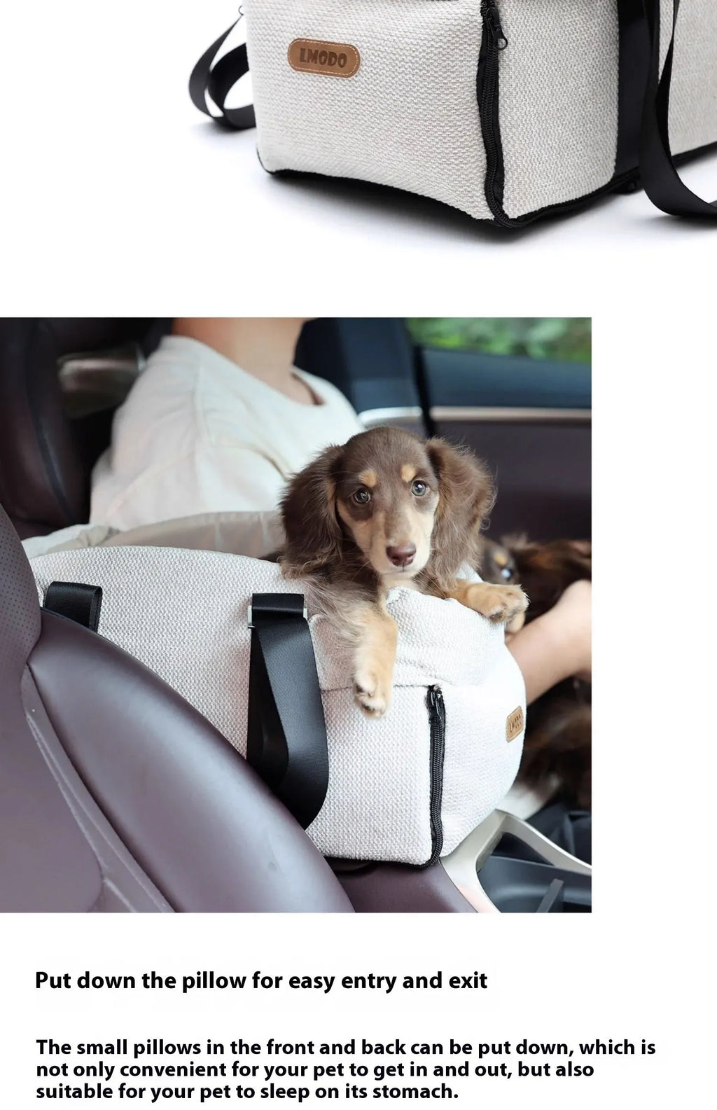 Beige white dual-use pet car nest and diaper bag with removable pillow for small dogs and cats.